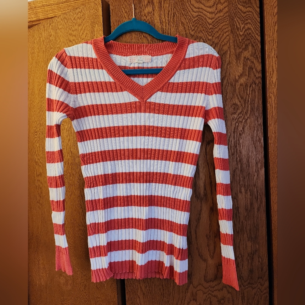Pink Republic Long Sleeve Top Horizontal Strips, Size M, Peach and White